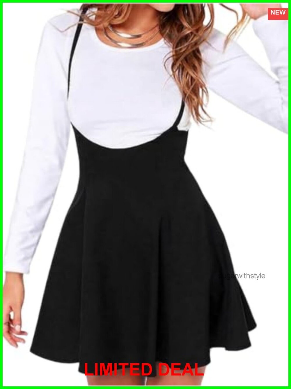 High Waist Suspender Skater Skirt Adjustable Straps Flared A-Line Midi